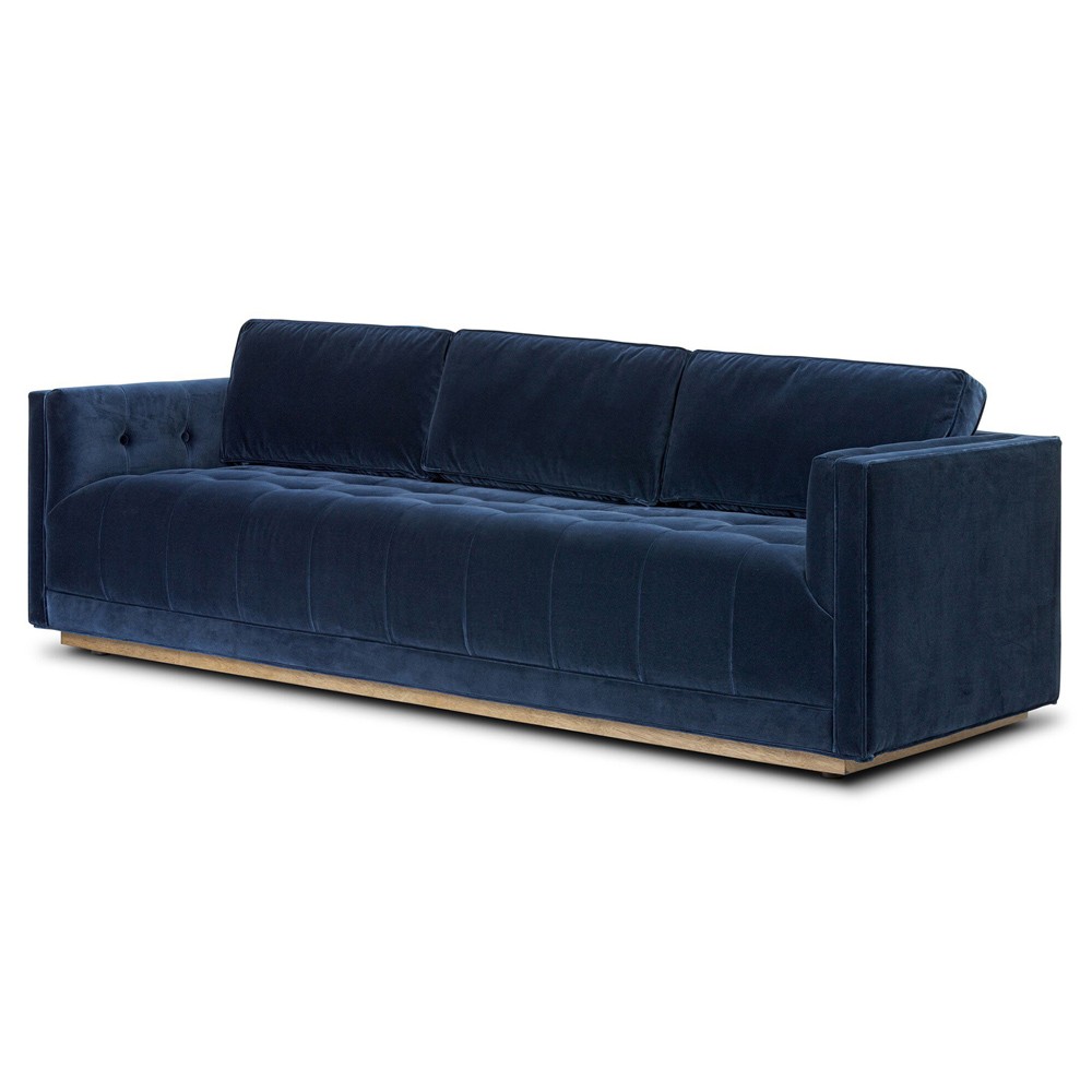 Celeste Rustic Lodge Dark Blue Velvet Brown Wood Tufted Sofa - 90"|