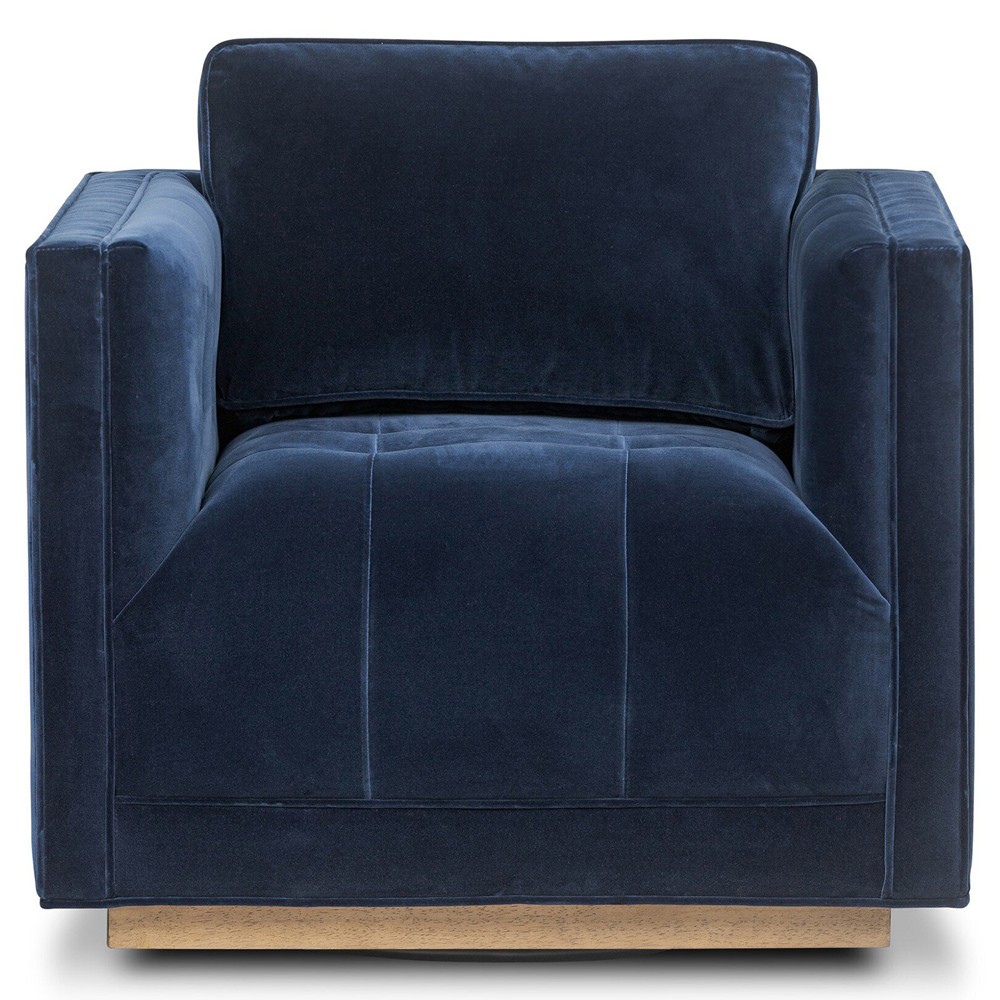Celeste Rustic Lodge Dark Blue Velvet Brown Wood Tufted Swivel Arm Chair|