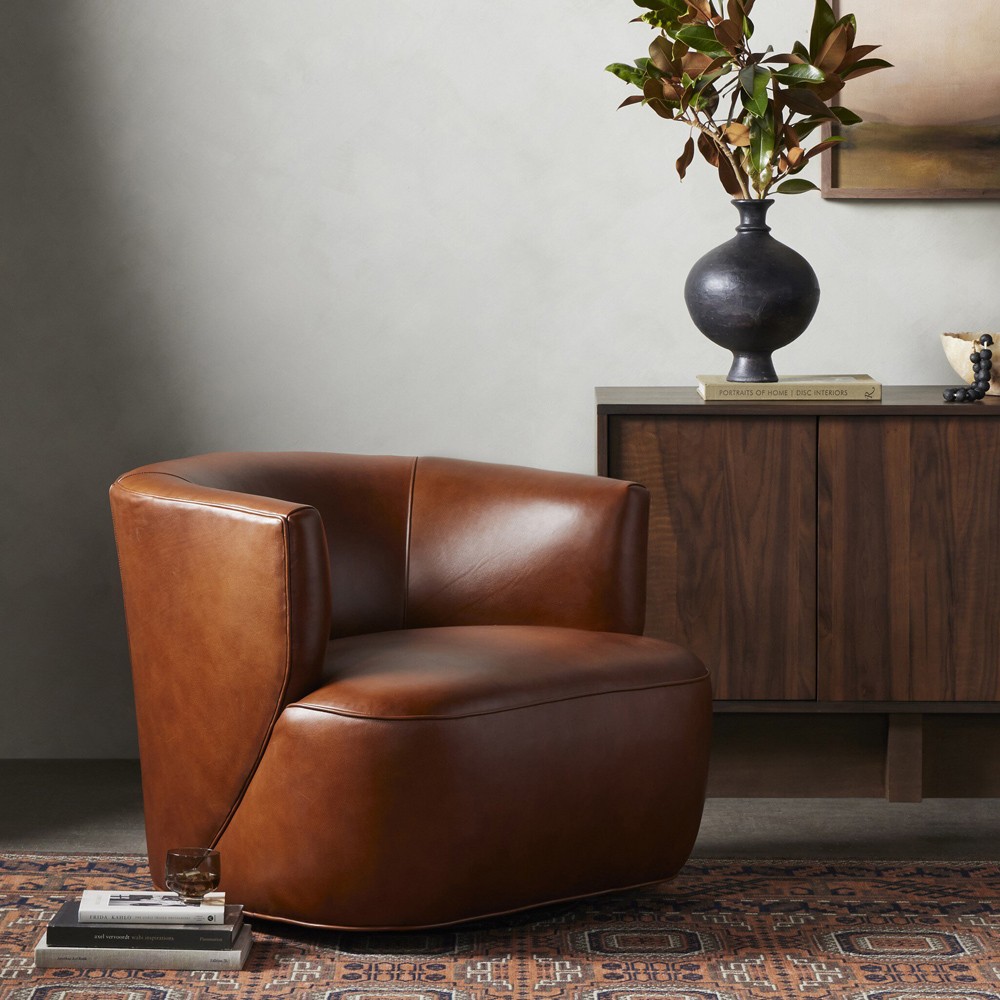 Adelyn Modern Classic Dark Brown Leather Swivel Barrel Arm Chair|