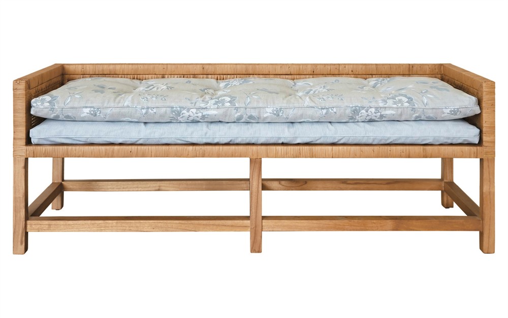 Worlds Away Monterey Garden Mist Sunbrella Natural Rattan Reversible Double Cushion Bench|