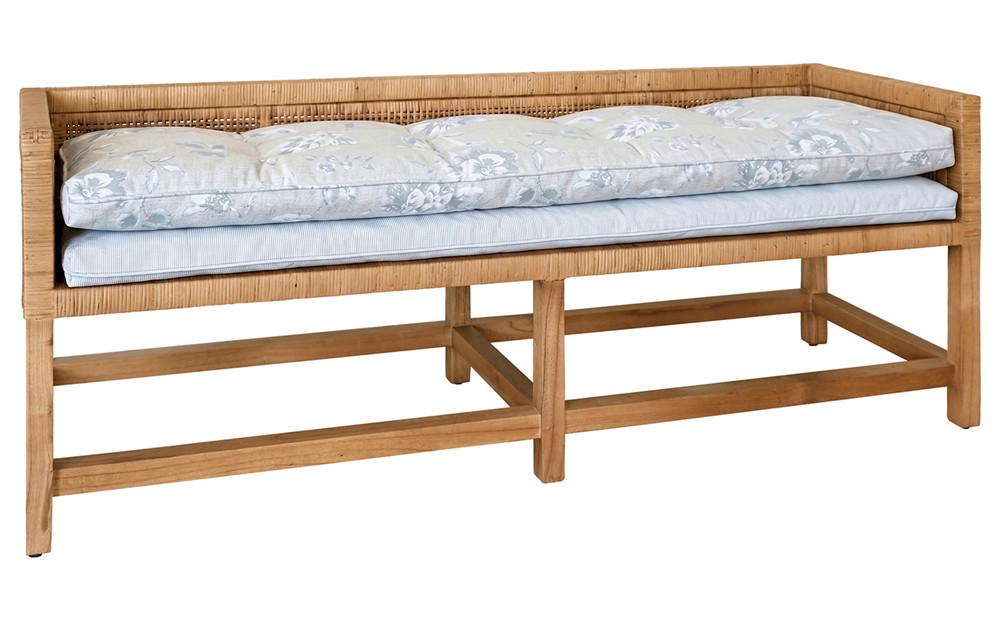 Worlds Away Monterey Garden Mist Sunbrella Natural Rattan Reversible Double Cushion Bench|