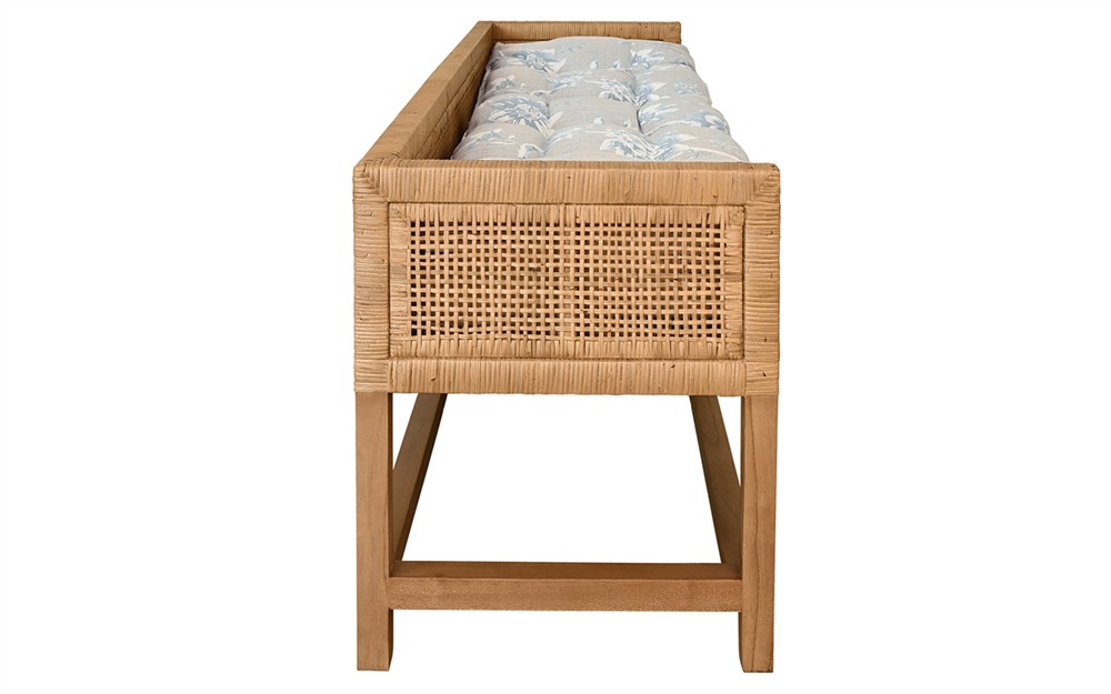 Worlds Away Monterey Garden Mist Sunbrella Natural Rattan Reversible Double Cushion Bench|