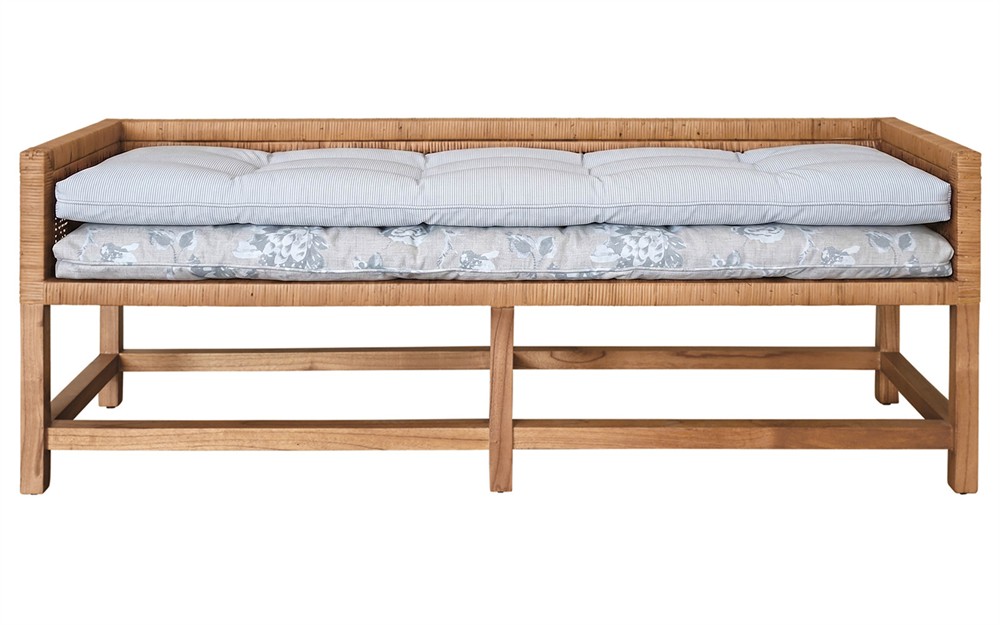 Worlds Away Monterey Garden Mist Sunbrella Natural Rattan Reversible Double Cushion Bench|