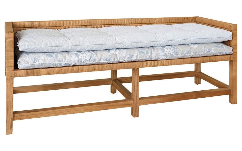 Worlds Away Monterey Garden Mist Sunbrella Natural Rattan Reversible Double Cushion Bench|
