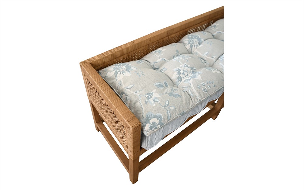 Worlds Away Monterey Garden Mist Sunbrella Natural Rattan Reversible Double Cushion Bench|