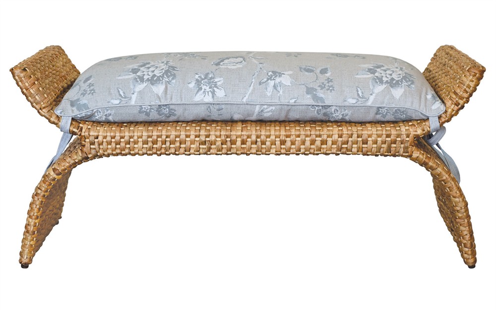 Worlds Away Sachi Garden Mist Sunbrella Natural Rattan Bench|