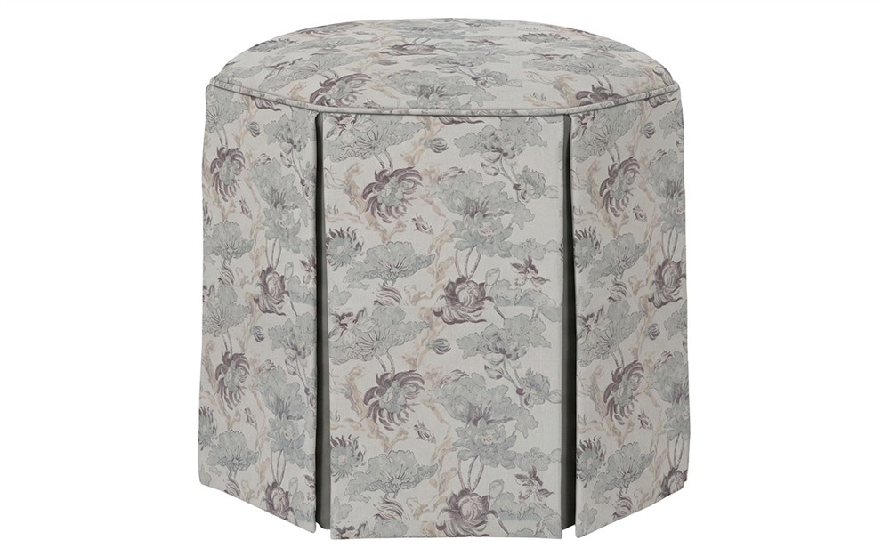 Evans Misty Blue Linen Floral Skirted Ottoman|