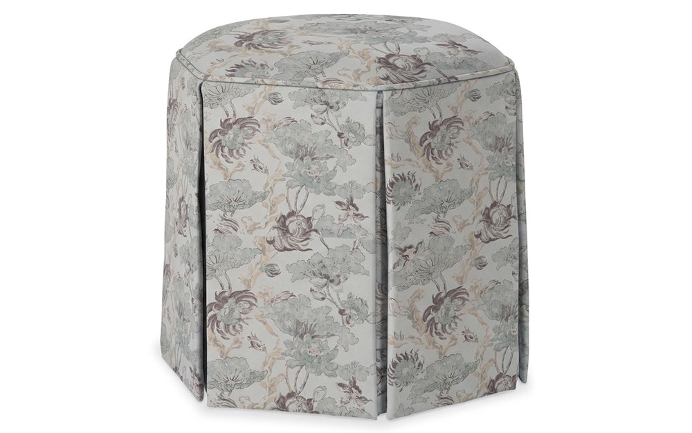 Evans Misty Blue Linen Floral Skirted Ottoman|