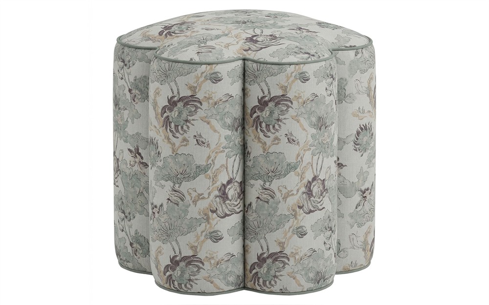 Florie Misty Blue Linen Floral Ottoman|