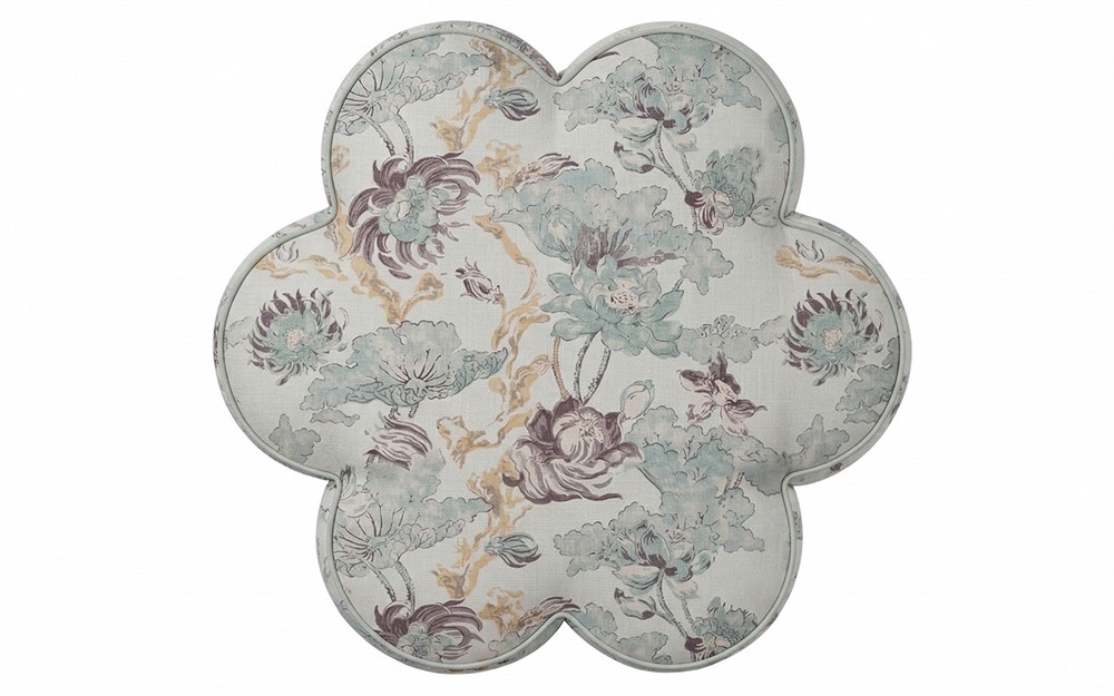 Florie Misty Blue Linen Floral Ottoman|