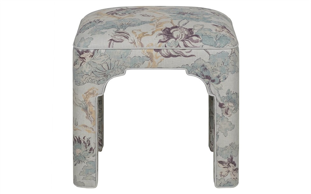Emerson Misty Blue Linen Floral  Square Ottoman|