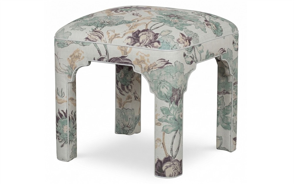 Emerson Misty Blue Linen Floral  Square Ottoman|