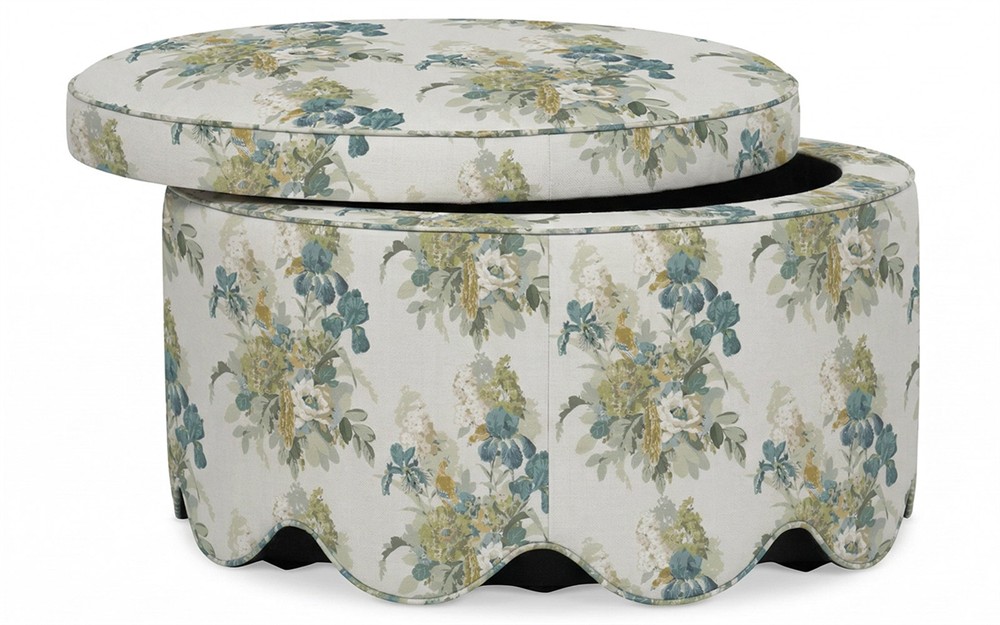 Suzie Blue Sage Linen Round Storage Ottoman|
