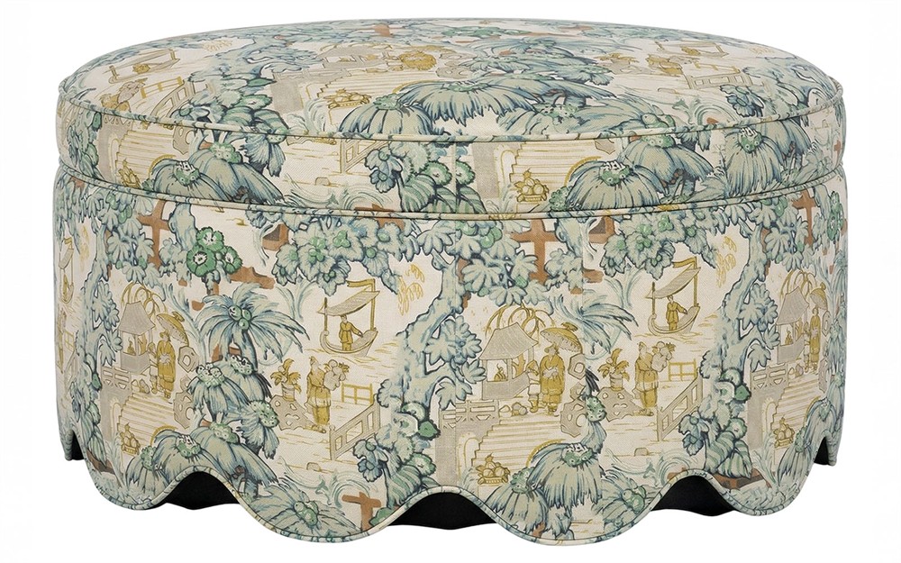 Suzie Willow Green Toile Round Storage Ottoman|