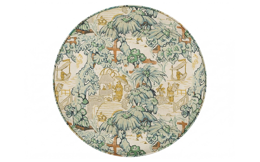 Suzie Willow Green Toile Round Storage Ottoman|