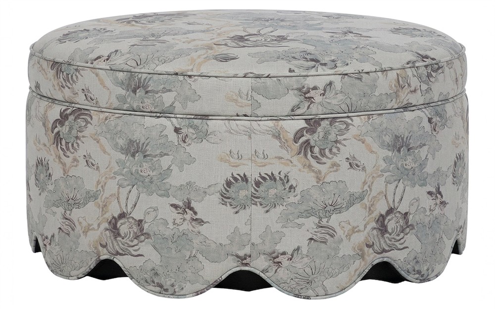 Suzie Misty Blue Linen Floral Round Storage Ottoman|