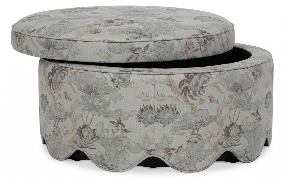 Suzie Misty Blue Linen Floral Round Storage Ottoman|