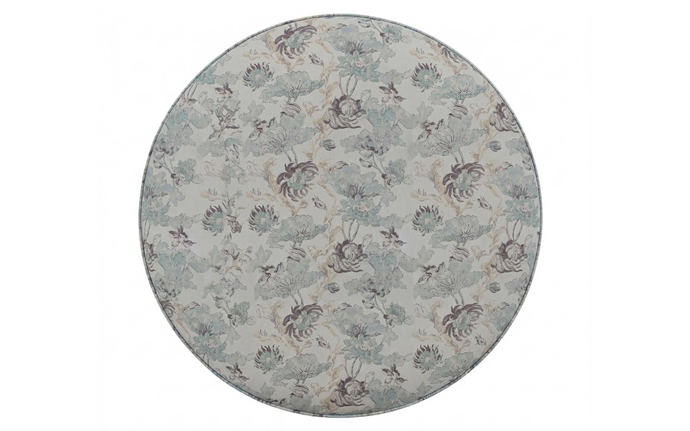 Suzie Misty Blue Linen Floral Round Storage Ottoman|