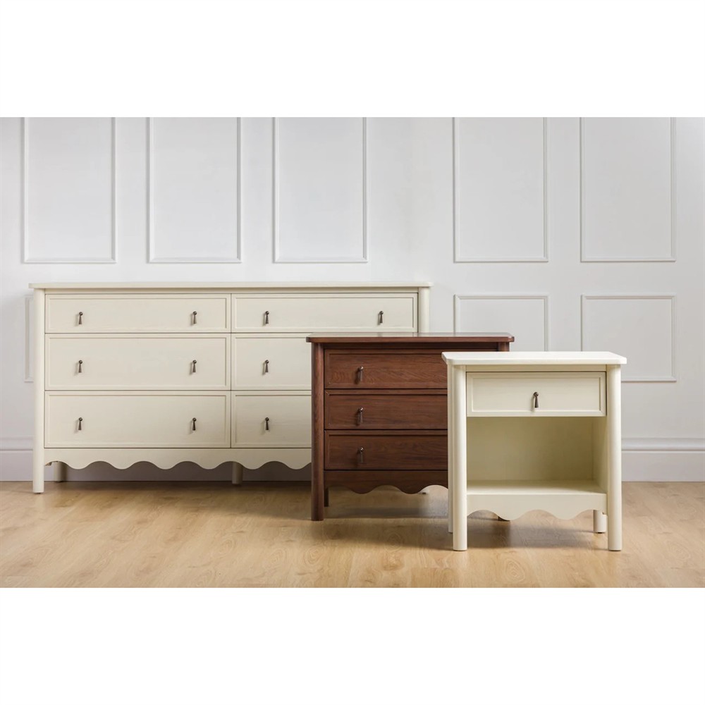 Maeva Updated Traditional Brown Oak Wood Scalloped Wide Nightstand |