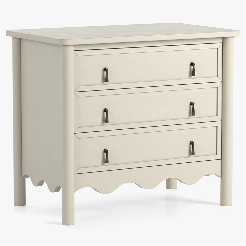 Maeva Updated Traditional Cream Oak Wood Scalloped Wide Nightstand |