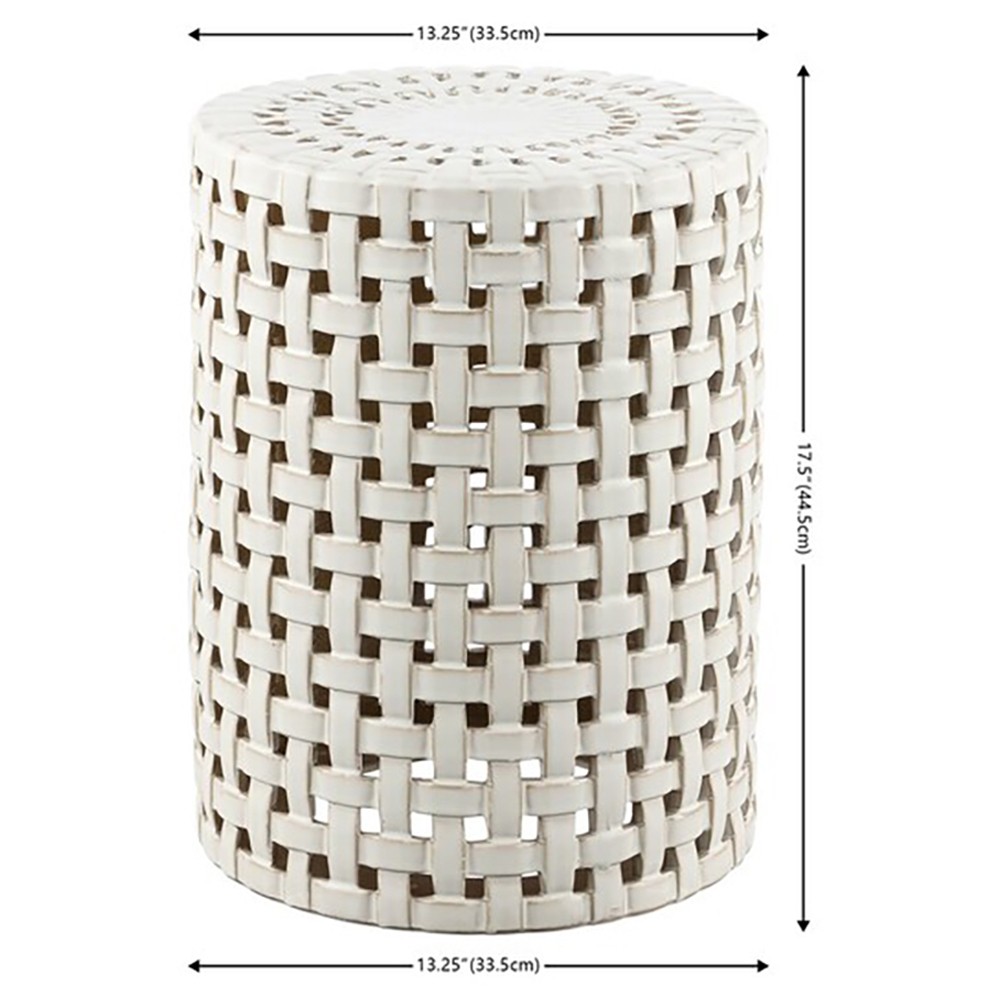 Ida Coastal Cream Glazed Ceramic Woven Outdoor Garden Stool