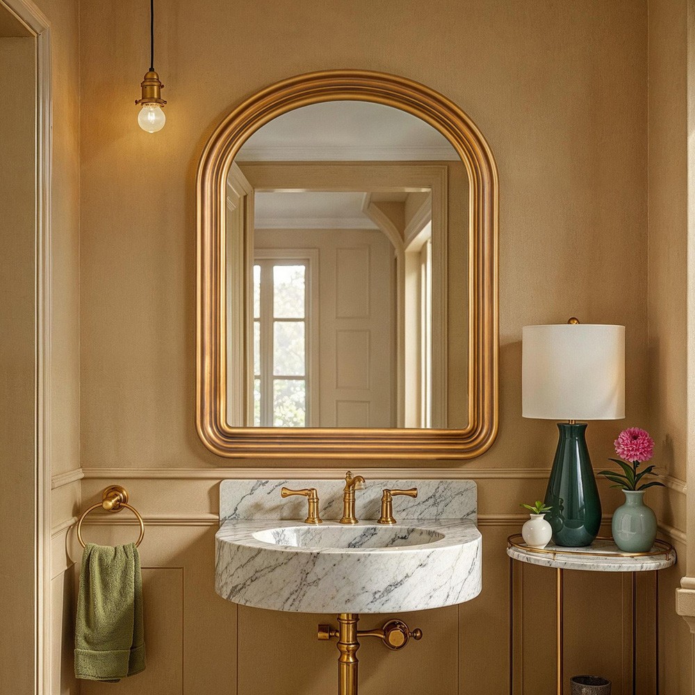 Mira Updated Traditional Antique Gold Arched Beveled Wall Mirror|