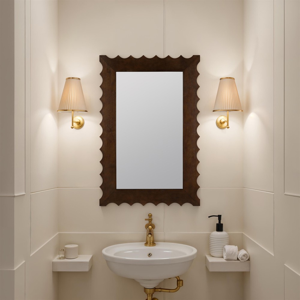 Laurent Updated Traditional Dark Brown Wood Scalloped Wall Mirror|