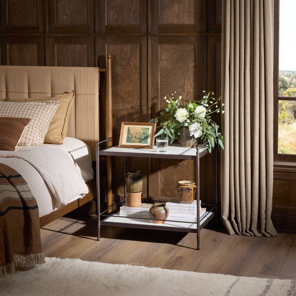 Eisen Updated Traditional Cream Marble Bronze Metal Nightstand|