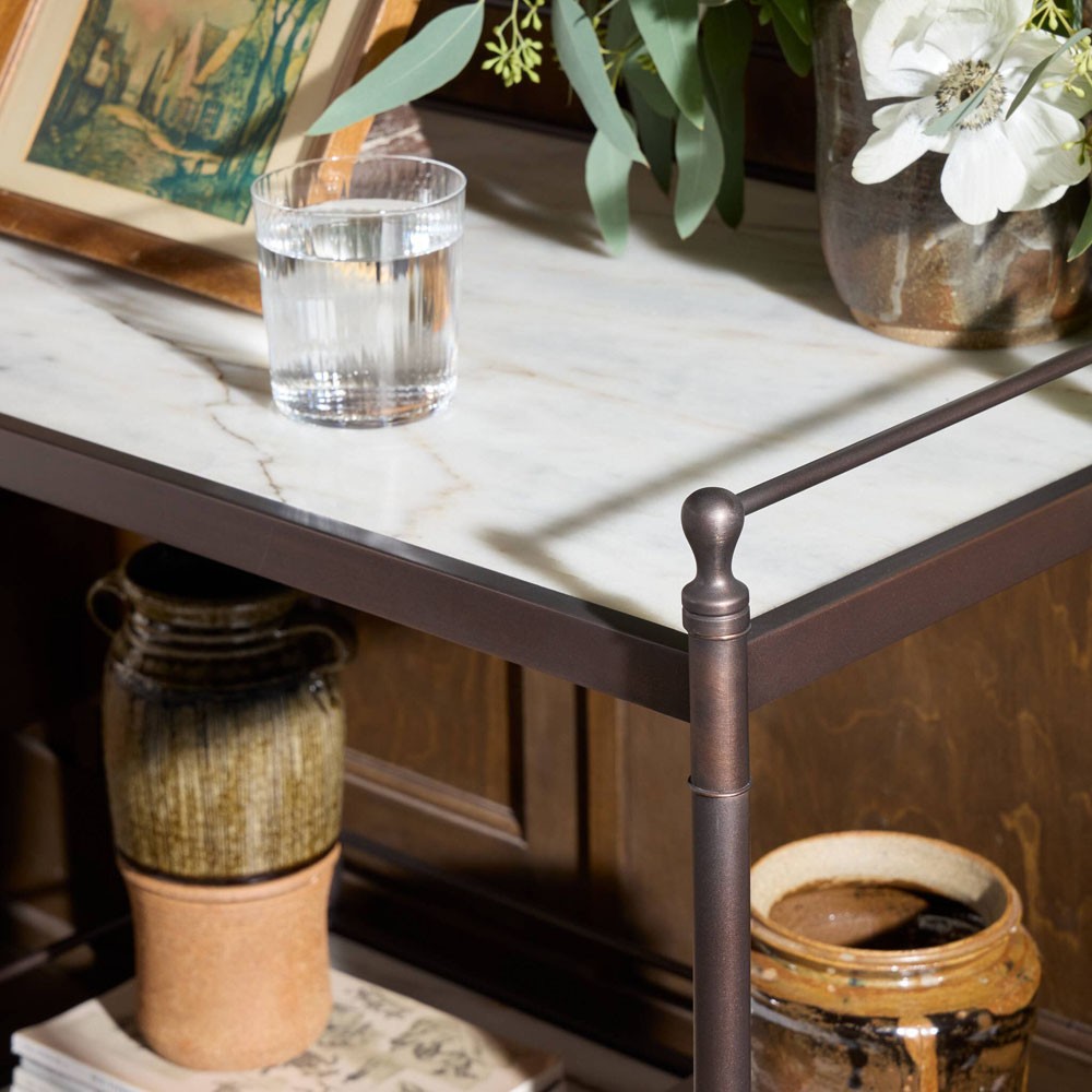 Eisen Updated Traditional Cream Marble Bronze Metal Nightstand|