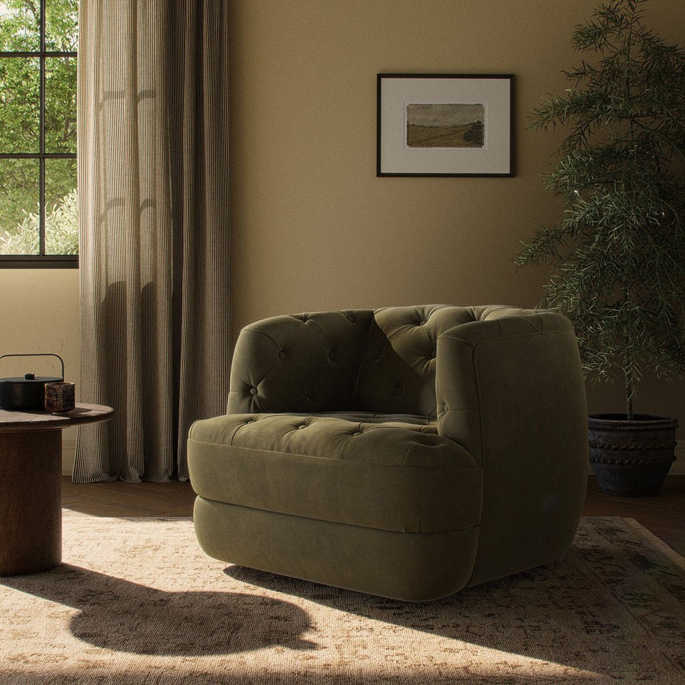 Paul Modern Classic Olive Green Velvet Performance Tufted Swivel Chair|
