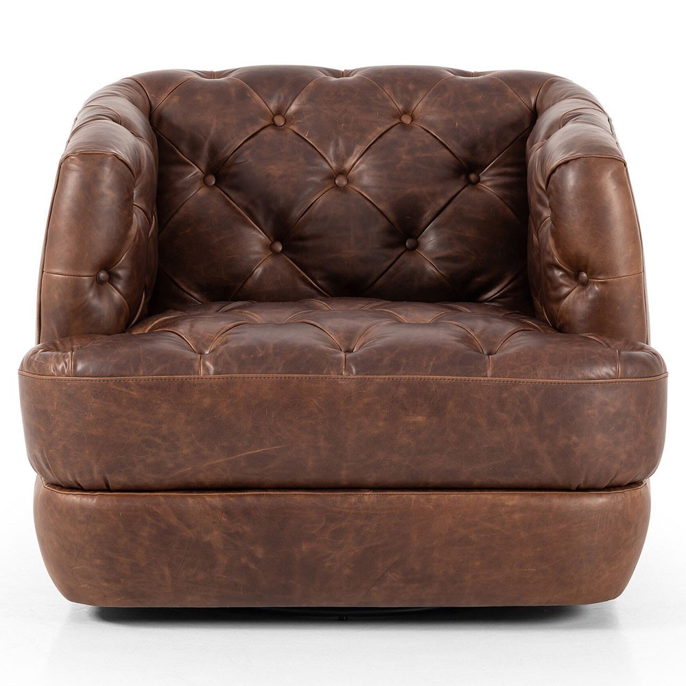 Paul Modern Classic Brown Leather Swivel Tufted Chair|