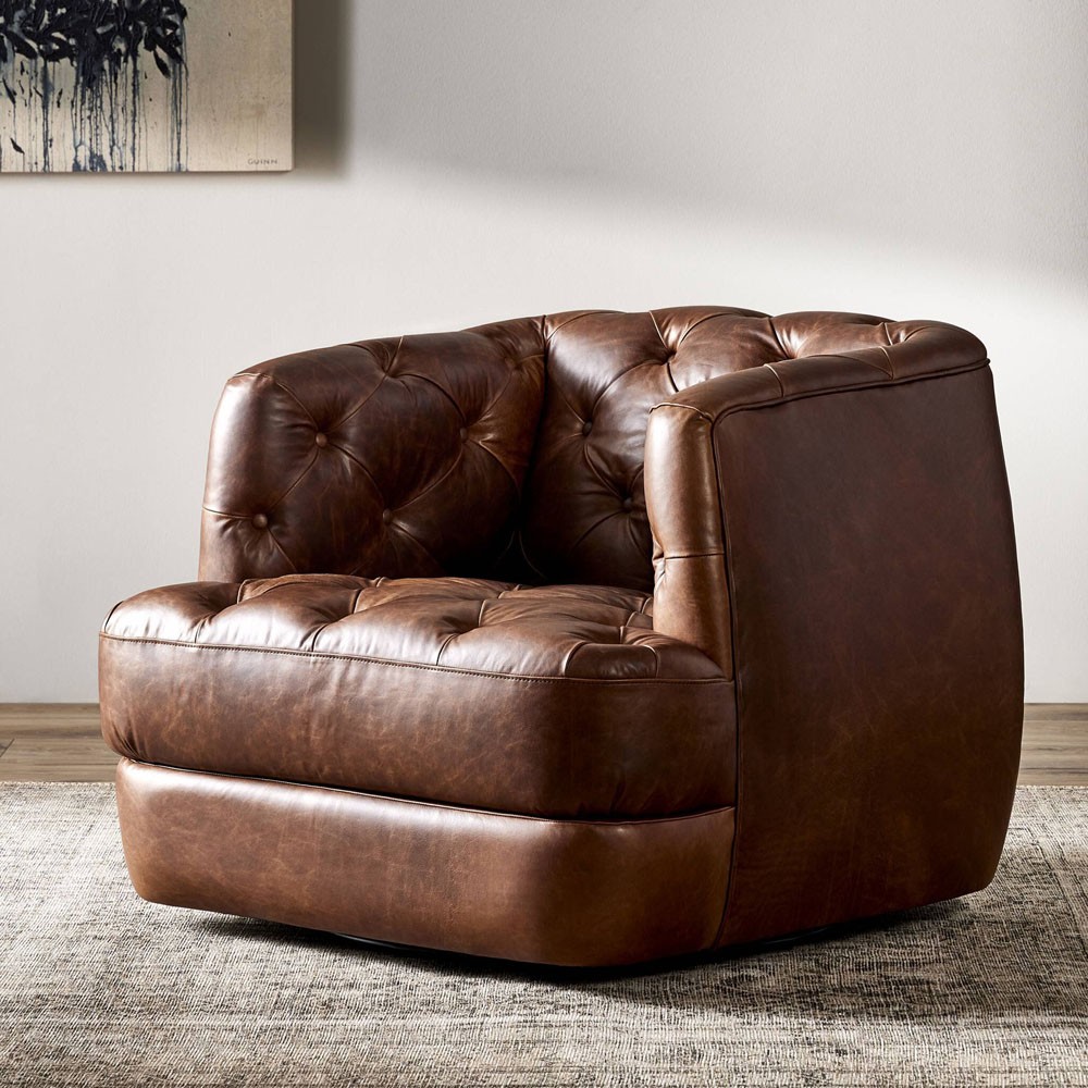 Paul Modern Classic Brown Leather Swivel Tufted Chair|