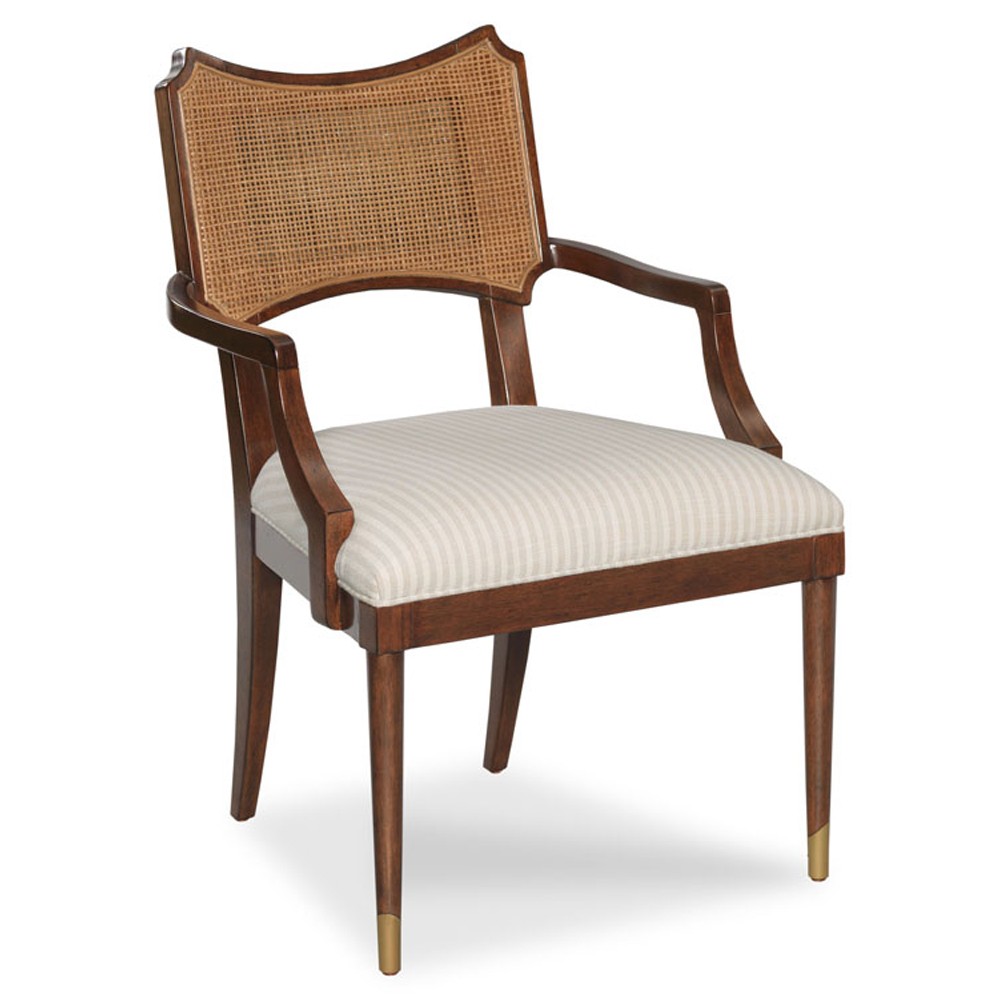 Powers French Country Cream Stripe Cane Dark Brown Wood Dining Arm Chair|