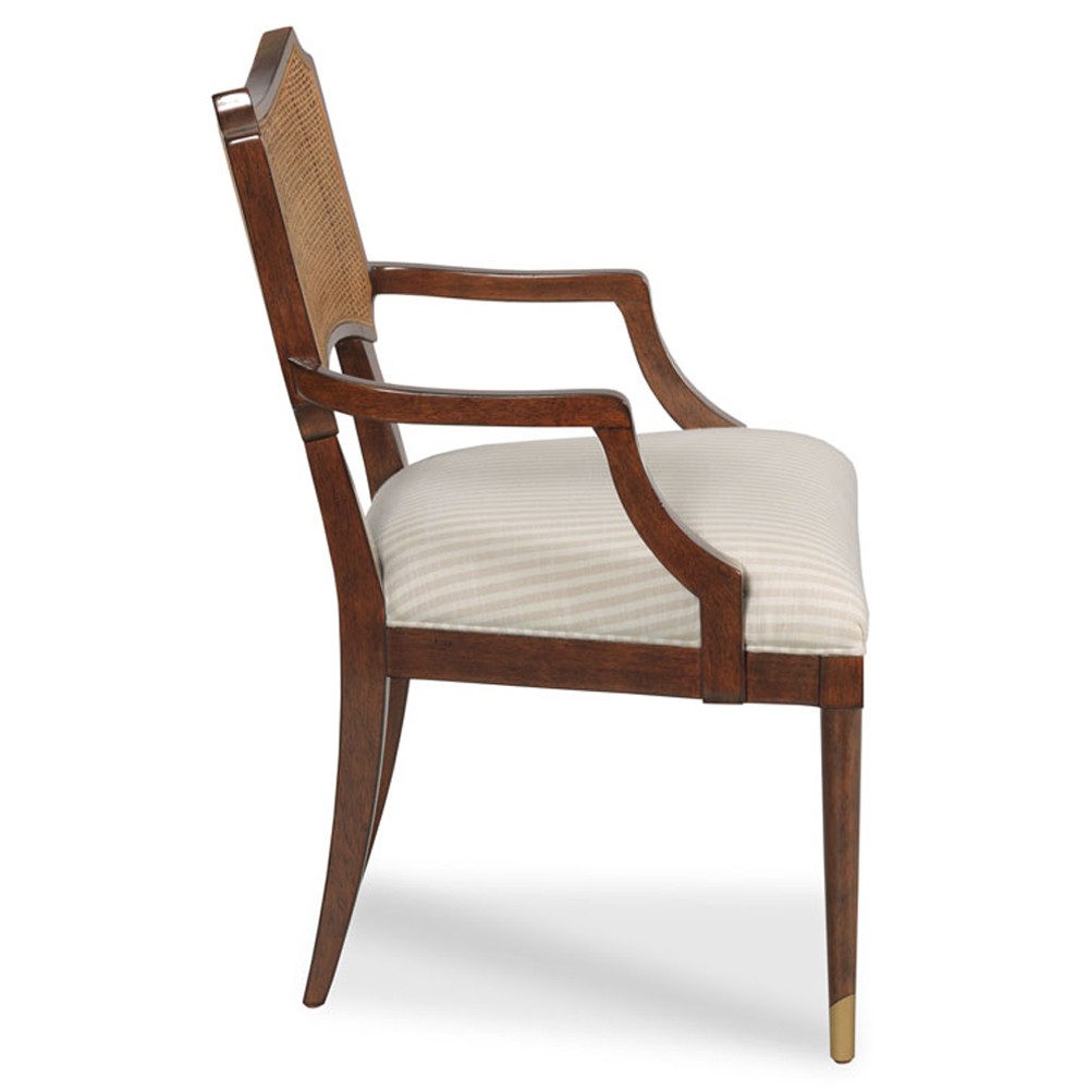 Powers French Country Cream Stripe Cane Dark Brown Wood Dining Arm Chair|