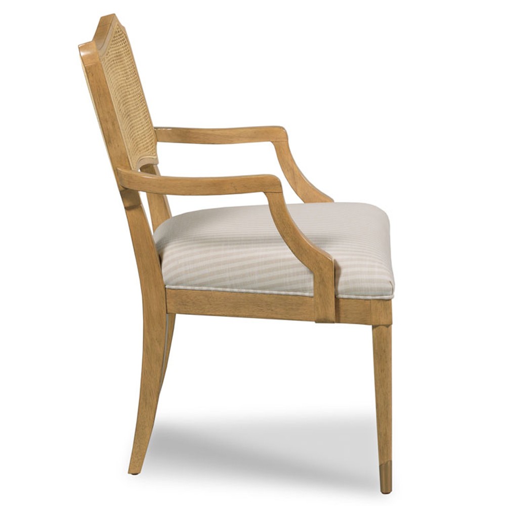 Powers French Country Cream Stripe Cane Auden Brown Wood Dining Arm Chair|