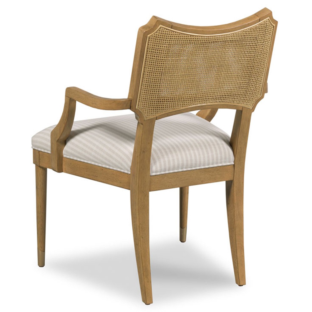 Powers French Country Cream Stripe Cane Auden Brown Wood Dining Arm Chair|