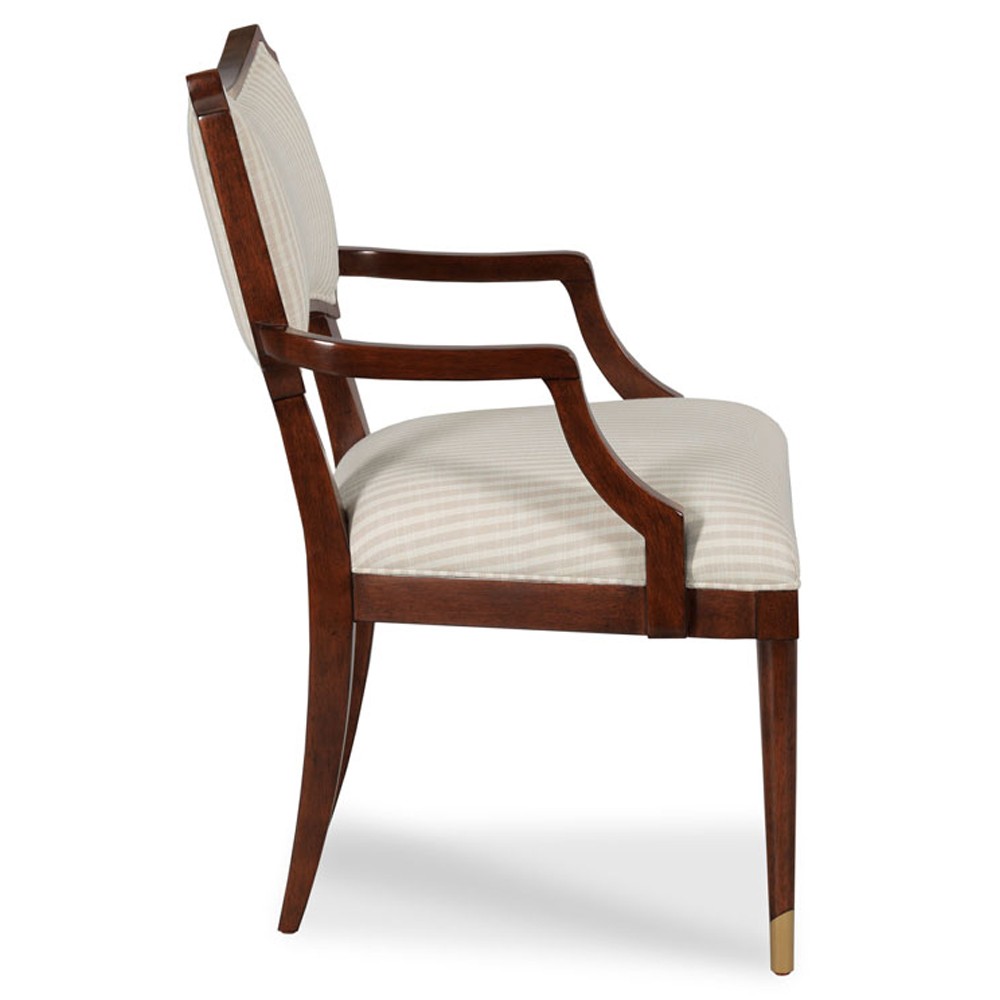 Powers French Country Cream Stripe Dark Brown Wood Dining Arm Chair|