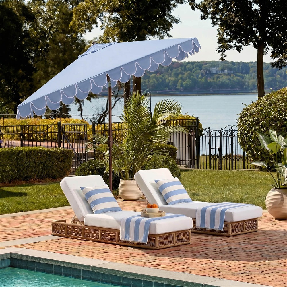 aqua striped patio umbrella Safavieh Outdoor Valance 7.5ft Crank Patio Umbrella, BABY Blue/White