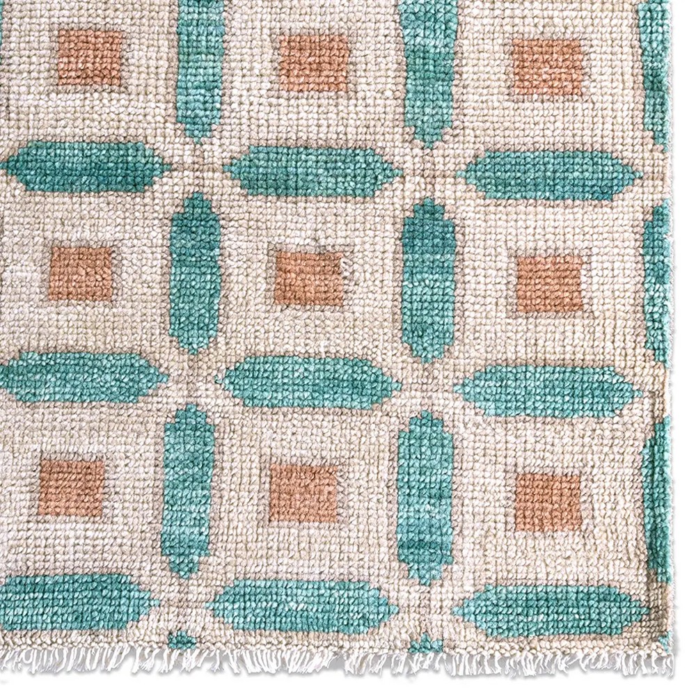 Isadora Updated Traditional Teal Wool Quatrefoil Patterned Hand