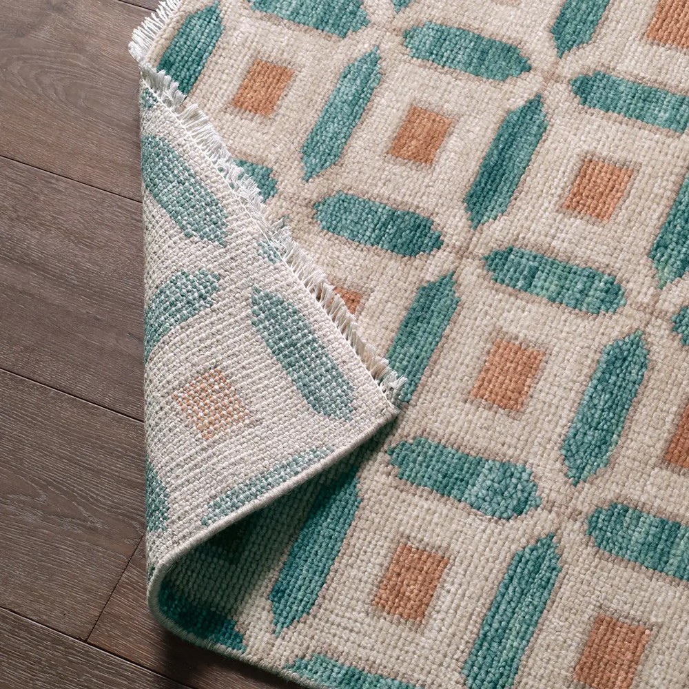 Isadora Updated Traditional Teal Wool Quatrefoil Patterned Hand