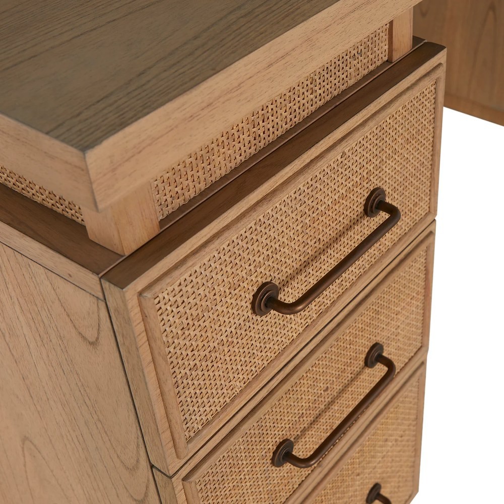 Elsa Coastal Beach Natural Wood Woven Rattan Desk | Kathy Kuo Home