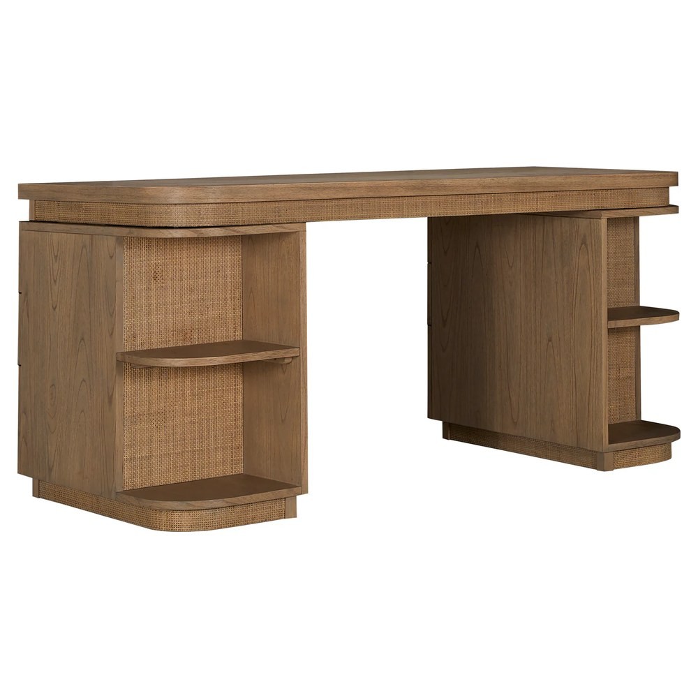 Elsa Coastal Beach Natural Wood Woven Rattan Desk | Kathy Kuo Home