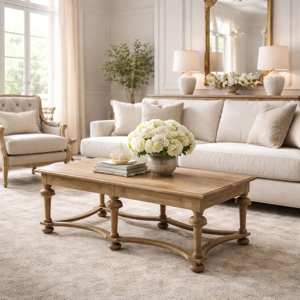 Aveline French Country Brown Pine Wood Rectangular Coffee Table 51