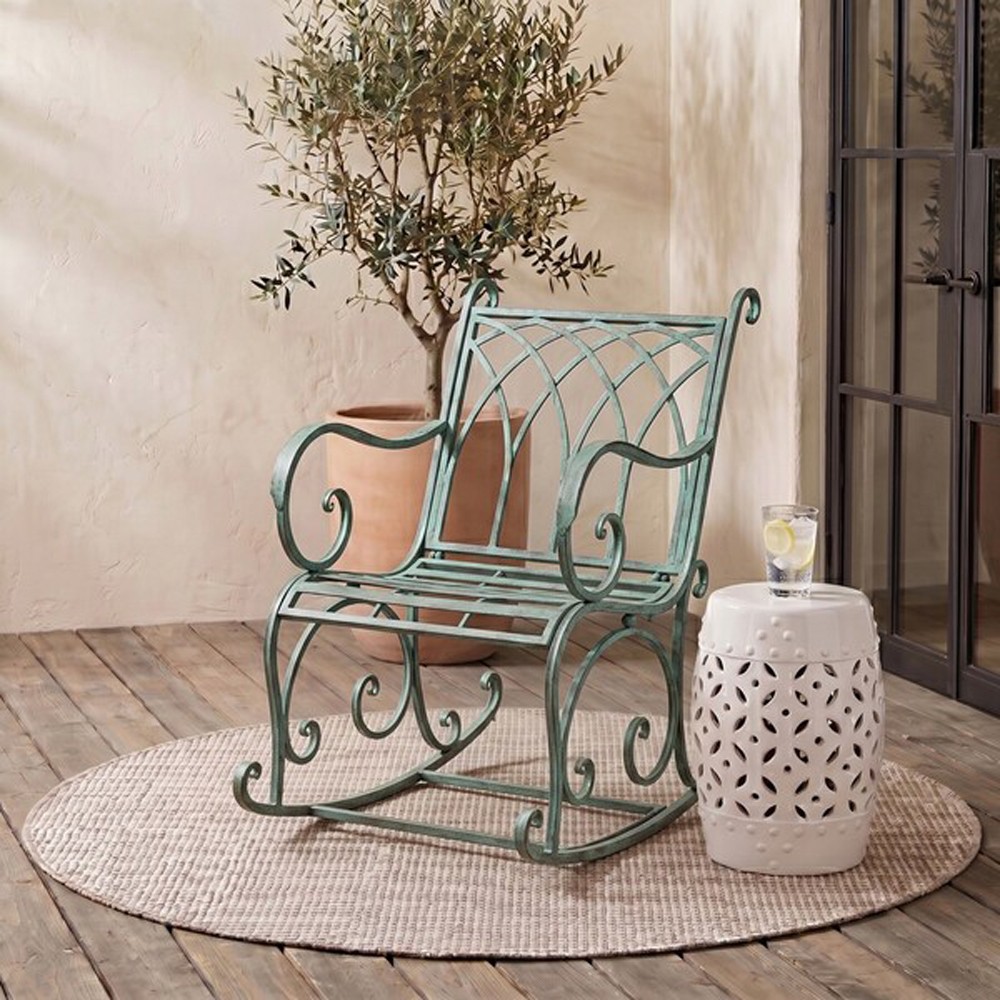 Callister French Country Antique Green Iron Outdoor Rocking Chair
