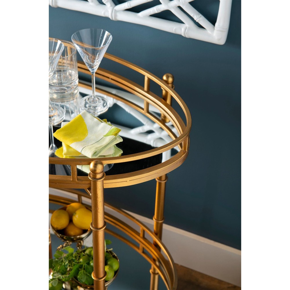 Normandy Modern Classic Gold Leaf Metal Clear Glass Bar Cart|