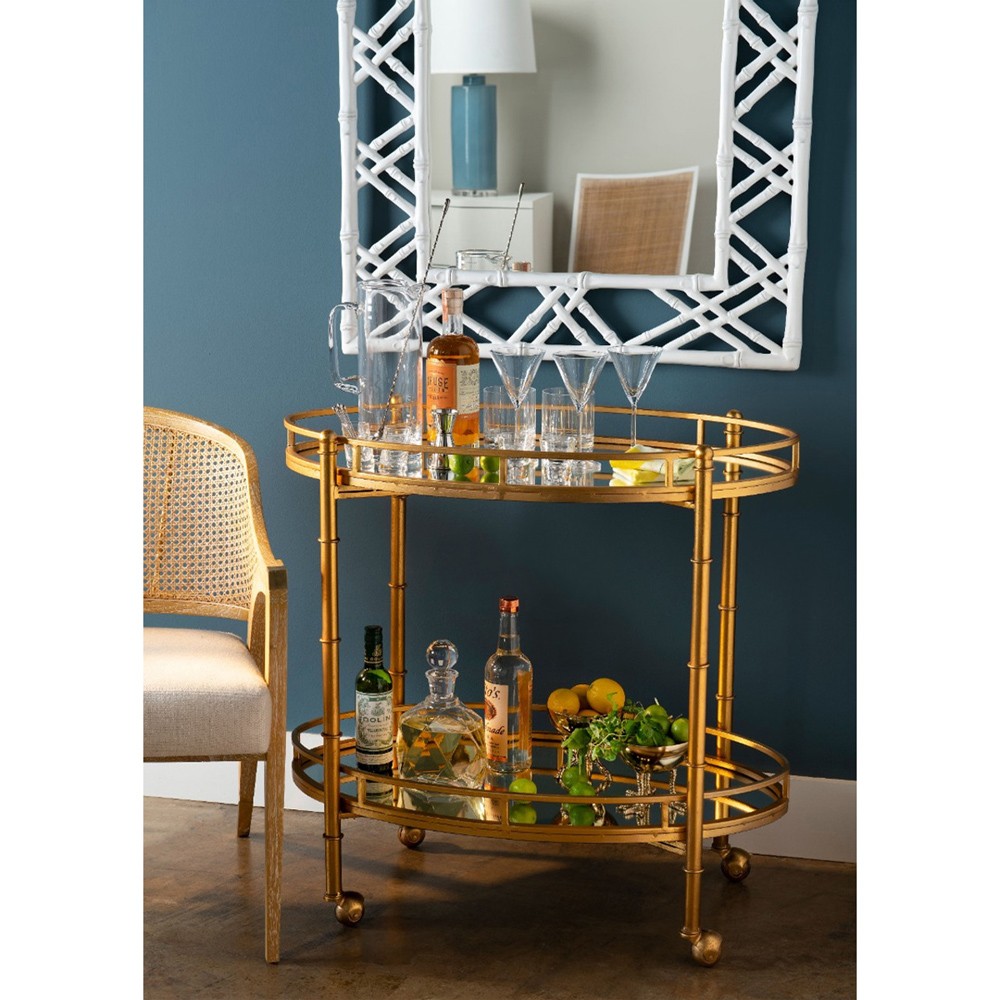 Normandy Modern Classic Gold Leaf Metal Clear Glass Bar Cart|