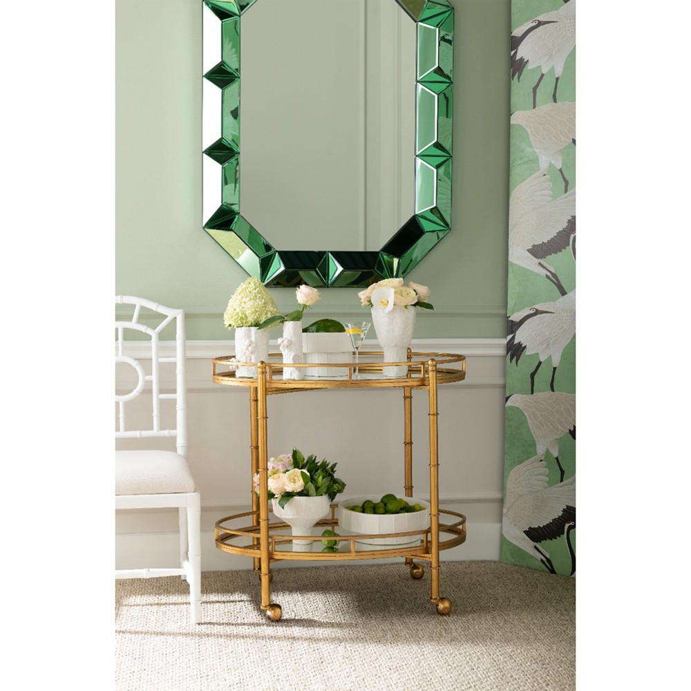 Normandy Modern Classic Gold Leaf Metal Clear Glass Bar Cart|