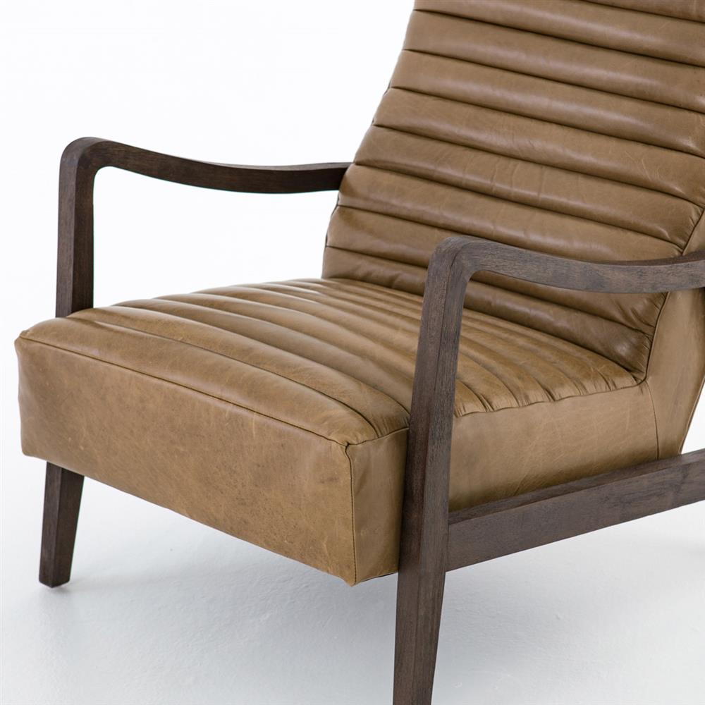 Amani Mid Century Brown Upholstred Leather Wood Tufted Occasional Arm Chair|