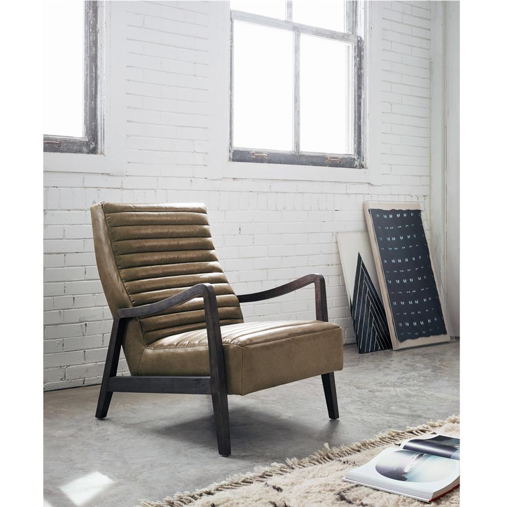 Amani Mid Century Brown Upholstred Leather Wood Tufted Occasional Arm Chair|