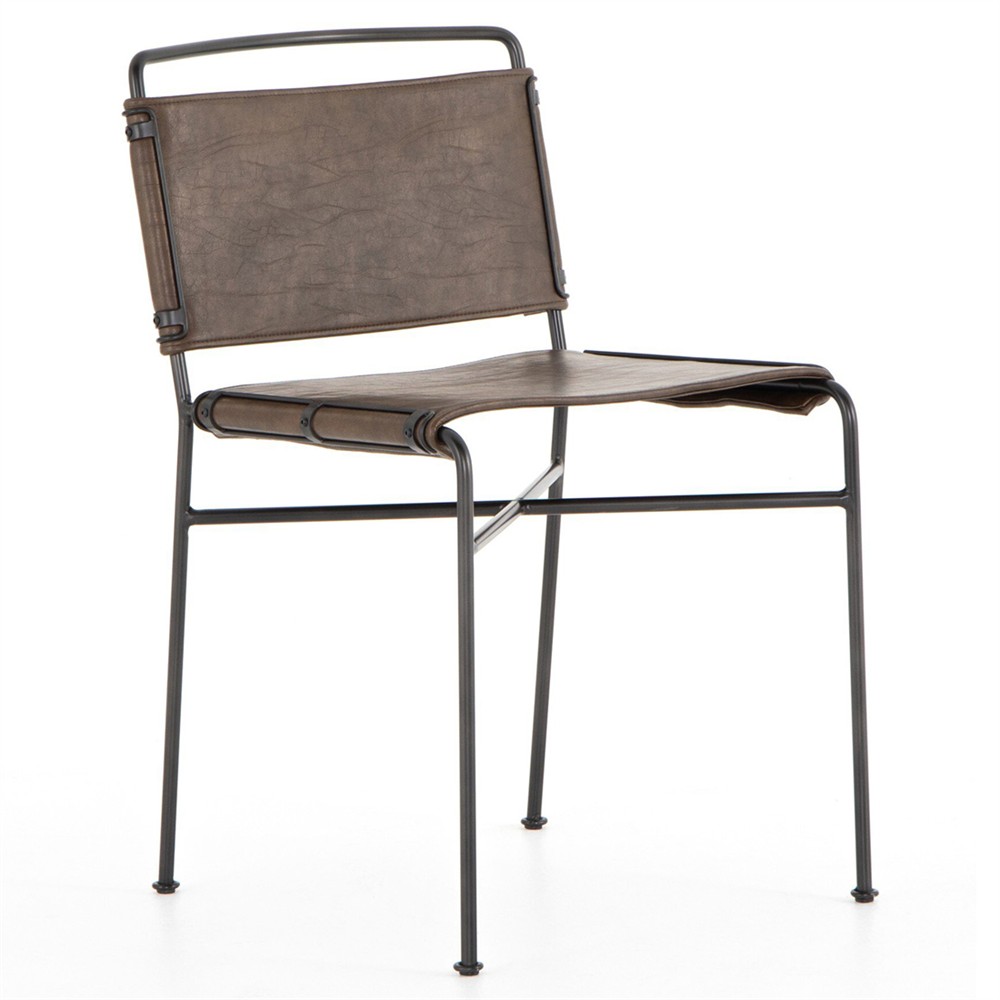 Oxton Industrial Loft Dark Brown Seat Black Iron Frame Dining Side Chair|